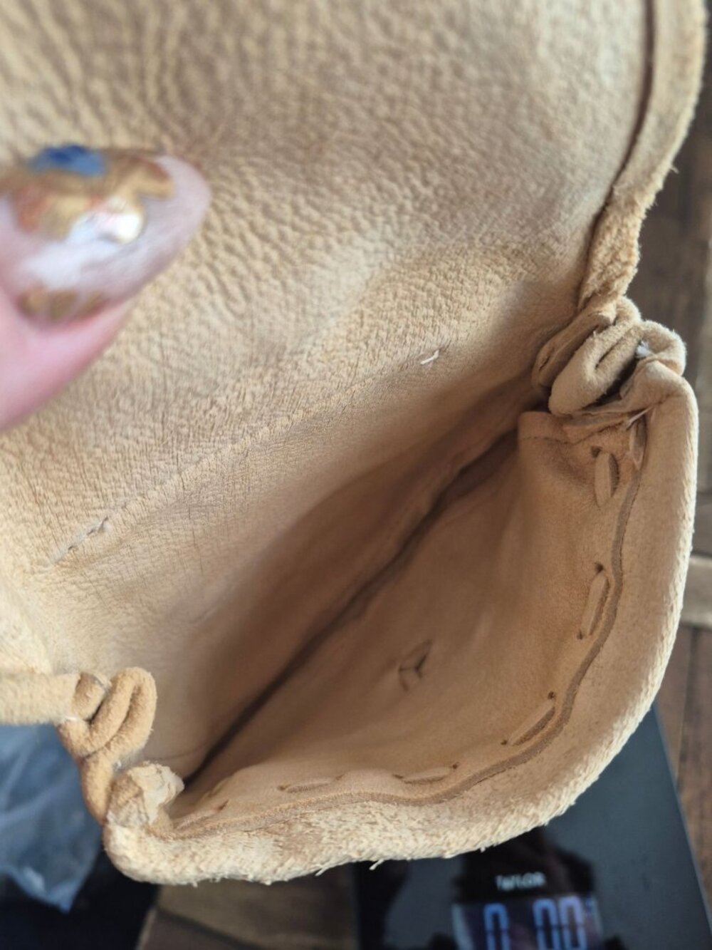 Handcrafted Tan Suede Pouch With Rustic Wooden Button & Fringe - Picture 3 of 4